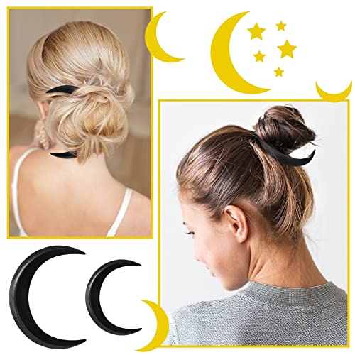 2 Pcs Hand Carved Crescent Moon Hair Fork for Women Moon Hair Stick Wooden Moon Hair Clip Crescent Moon Hairpin Wood Moon Hair Accessories Hair Styling Pins Moon Barrettes, 2 Sizes (Black) - color: Black