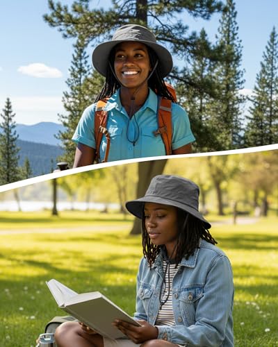Womens Ponytail Sun Hat Packable UPF50+ Waterproof Bucket Hat Hiking Fishing Safari Hat Foldable Beach Hat - color: Dark Grey