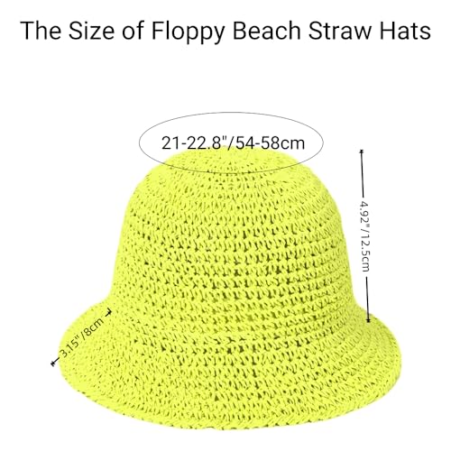 Womens Floppy Straw Sun Hat Packable Wide Brim Summer Beach Hat Foldable Crochet Bucket Hats - color: Fluorescent Color