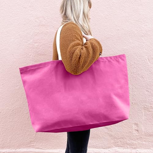 Large Canvas Tote Bag-Extra Big Shopping Beach Totes Bags Reusable Largest Grocery Plain Solid Bag 28"x8"x16" - color: Pink