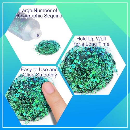 MEICOLY Chameleon Green Face Body Glitter,Holographic Self-Adhesive Face Glitter,Color Changing Mermaid Face Glitter,Halloween Glitter Face Paint for Face Body Hair,St Patricks Day Accessories - color: chameleon green body glitter