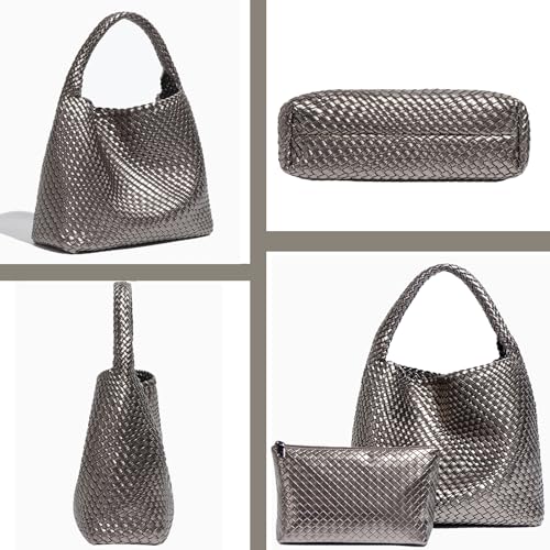 Geelyda Woven Tote Bag for Women with Purse, Fashion Shoulder Hobo Underarm Bags, Large Woven Handmade Work Commuter Day Bags - color: Silver