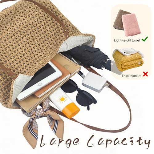 Crochet Beach Bag, Woven Tote Bag, Boho Bags for Women,Summer Purse with Zipper & Pocket - color: Khaki