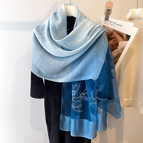 WINCESS YU Women Mulberry Silk Scarf Long & Large Embroidered Floral Pattern Shawl and Wraps Neckerchief for Hair & Neck - color: Gradient Blue