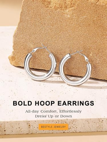 Bestyle 5mm Thick Gold Hoop Earrings Hypoallergenic Hoops for Sensitive Ears Trendy Lightweight Chunky Earrings for Women 30/40/60/80mm - color: 01-Silver, size: 30mm