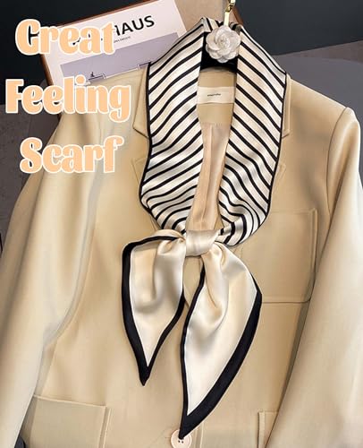kcctoo 59” Long Silk Like Head Scarf Women's Fashion Square Neck Satin Scarfs for Bag Hair Scarves Gift 59 * 5.9” - color: H1 Beige Stripe 59" X 5.9"