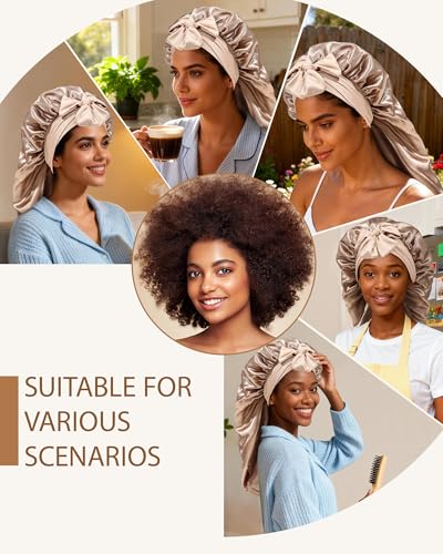 AWAYTR Long Satin Bonnet for Braids - Elastic Silk Hair Bonnets for Sleeping Night Cap Stretchy Tie Band for Women（Champagne） - color: Champagne