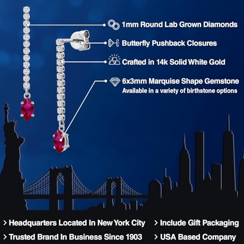 Gem Stone King 14K White Gold Gemstone Birthstone and White Lab Grown Diamond Long Liner Dangle Earrings for Women | Marquise 6X3MM | White Gold Chain Drop Earrings - style: Created Ruby, July