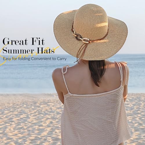 Beach Sun Straw Hats for Women, UPF 50+ UV Sun Protection Wide Brim Summer Straw Hat Foldable Packable Roll up Cap - color: Buckle - Khaki & Beige