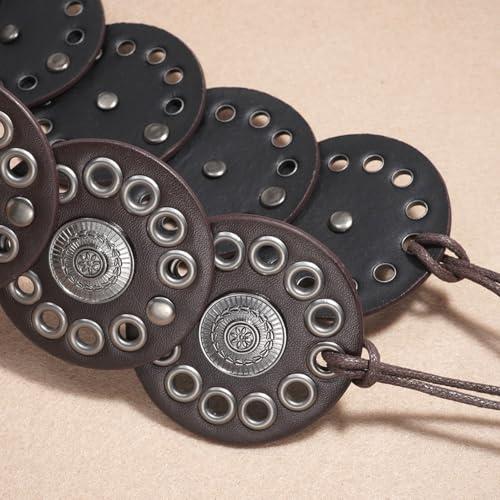 Women Western Disc Belt Boho Disk Concho Leather Belts Adjustable Knot Tie Waist Belts for Dresses - color: Coffee