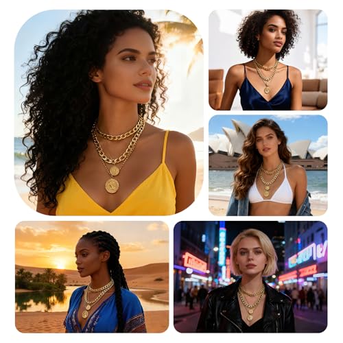 Gold Necklace Stack, Gold Plated and Silver Chunky Layered Necklaces for Women Exquisite Vintage Stackable Coins Medal Star Diamond Pearl Pendant Women's Jewelry (Gold/Silver) - color: Gold 1 PCS