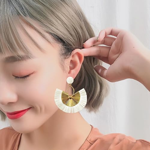 Anmpab Straw Fan Bohemian Tassel Earrings for Women Trendy Colorful Fringe Summer Beach Statement Earrings - color: White