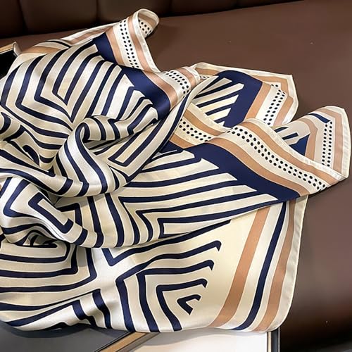 JERLA 100% Pure Mulberry Silk Square Scarf for Hair-27''x27'' Women Men Natural Silk Neckerchief Headscarf - color: Blue and Coffee Geometry Stripe