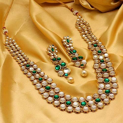 Aheli Indian Bollywood Style Wedding Faux Kundan Necklace with Earrings Set Ethnic Bharatanatyam jewellery set Gift for Women - color: Green & Gold