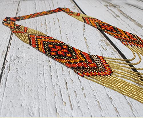 Handmade Native American Style Tribal ethnic Seed Bead Beaded Layered Medallion Necklace #1 - color: Red