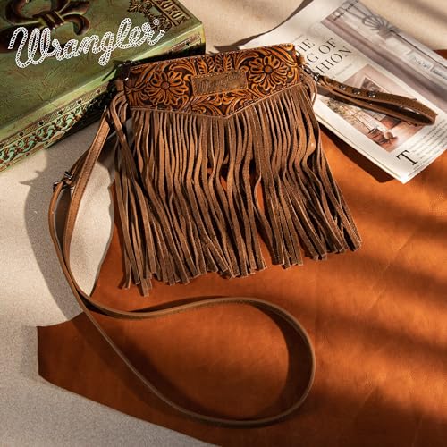 Wrangler Crossbody Small Purse for Women Wristlet Fringe Bag Western Purse - color: Angel Oakwood