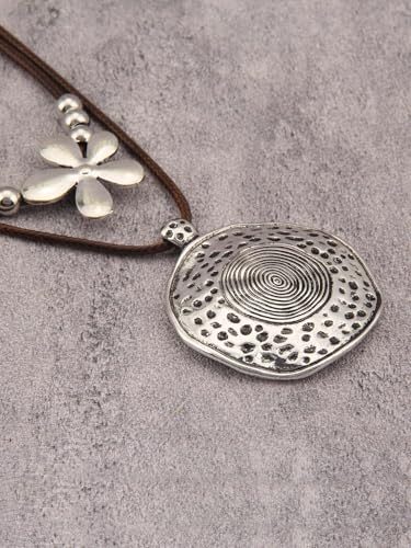 GelConnie Boho Necklaces for Women Cowgirl Necklace Stone Leather Cord Pendant Necklaces With Beads Long vintage Layered Choker Necklace - style: Flower Silver Necklace