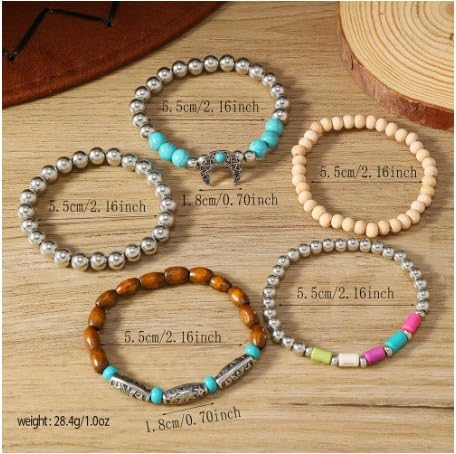 Western Turquoise Beaded Bracelet Stack - Vintage Cowgirl Stretch Set with Bull Skull, Feather & Boot Charms, Handmade Boho Jewelry for Rodeo, Country Concerts & Casual Western Outfits - style: Crescent