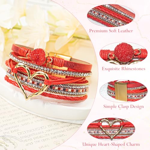 Leather Wrap Bracelet for Women, Boho Cuff Bracelet with Strong Clasp, Multi-Layer Crystal Leather Bracelet for Valentine Mother's Day - color: 01-Heart-Red
