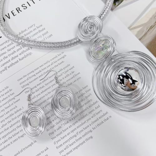 Large Spiral Pearl Rhinestone Pendant Necklace Earring Set for Women Handmade Chunky Statement Collar Choker Fashion Ethnic Tribal Wire Wrapped Adjustable Rope Chain Banquet Party Dress Jewelry - color: Silver