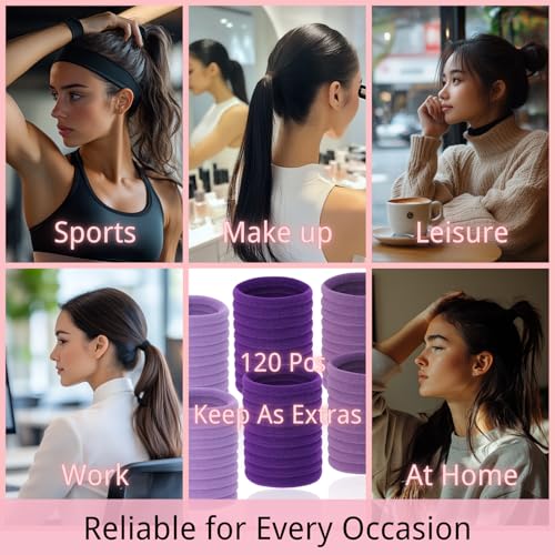 LuSeren 120 Pcs Purple Hair Ties for Women, No Damage Soft Seamless Nylon Hair Elastics for Thick Hair, Ponytail Holders, 3 Gradient Purple Hair Accessories - color: Purple