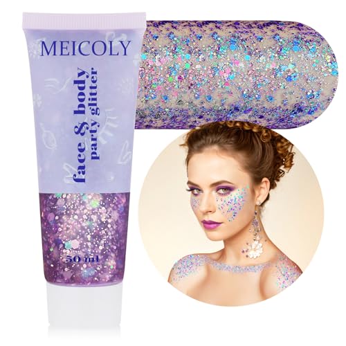 MEICOLY Chameleon Purple Hair Glitter,Holographic Chunky Face Body Glitter,Mardi Gras Accessories for Women,Self-Adhesive Color Changing Mermaid Face Glitter,Festival Makeup for Face Body Hair - color: chameleon purple body glitter