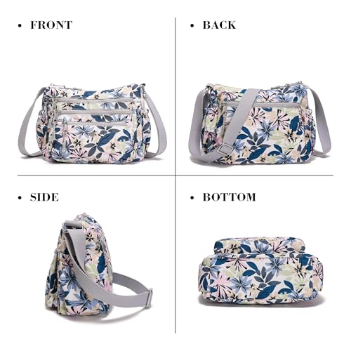 AOCINA Crossbody Bags for Women Multi Pocket Nylon Lightweight Ladies Purses Messenger Shoulder Handbags Satchel Travel Bag - color: Gray Leaves, size: Small