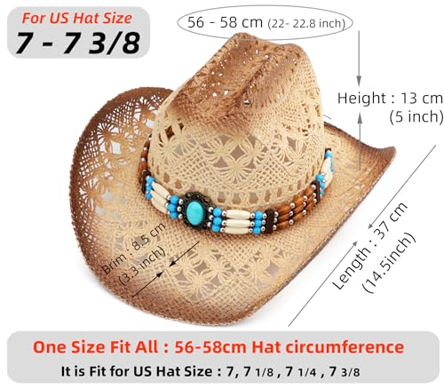 Straw Cowboy Hat, Western Cowgirl Hat, Wide Brim Sun Beach Hat for Men and Women - color: Khaki-m29