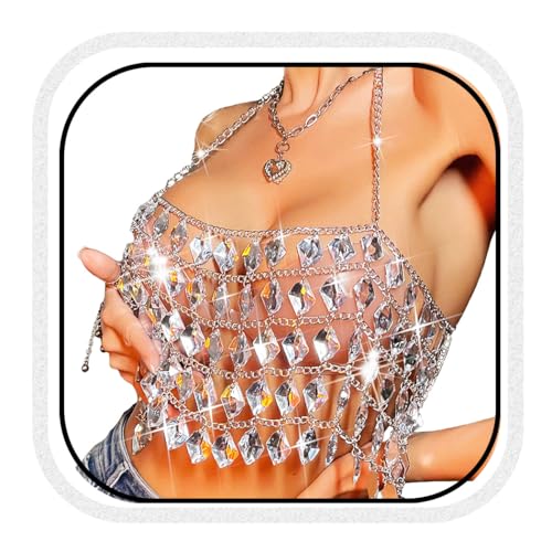 BODIY Rhinestone Body Chain Tops Crystal Halter Crop Tops Silver Bikini Chain Bra Body Accessories for Women