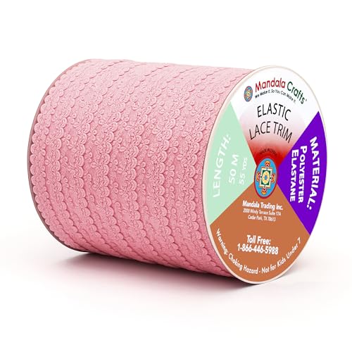 Mandala Crafts Mauve Stretch Lace Soft Elastic Trim Roll - 55 Yards 1 Inch Wide Stretchy Frilly Picot Ribbon for Sewing Lingerie, Headbands, Underwear, and Crafts - color: Mauve