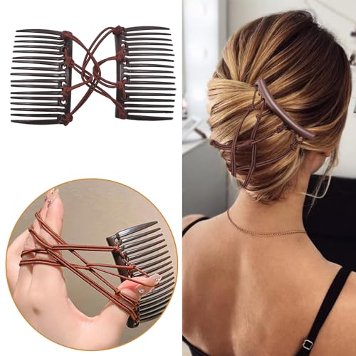 5 Pieces Stretchy Magic Comb Adjustable Elastic Clip for Women Girls No Crease Pins Vintage Bun Maker Hair Accessories for Curly Thick Wavy Ponytail - color: Black,Brown
