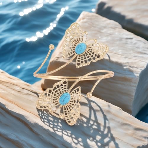 Gold Arm Cuff Bracelet Adjustable Upper Arm Cuff Bangle Butterfly Flower Bracelet Summer Beach Essentials Jewelry for Wome - style: turquoise+butterfly
