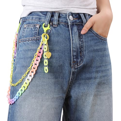 Y2k Heart Pendant Rainbow Acrylic Pants Trousers Chain for Women Chunky Colorful Resin Removable Love Charm Layered Rock Wallet Belt Pocket Waist Jeans Belly Chains Backpack Body Accessories - color: Yellow
