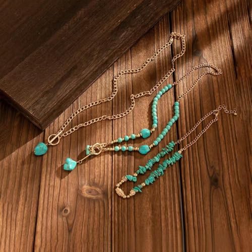 Gold Turquoise Beaded Necklace for Women Layered Bead Necklaces Vintage Turquoises Choker Necklace Boho Turquoises Jewelry Western Handmade Toggle Jewelry - color: 3PCS Turquoise Necklace
