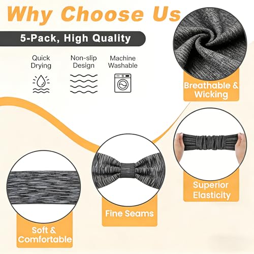 5 Pack Wide Headbands for Women, Sweat-Absorbing Sport Sweatbands, Soft Elastic Yoga Hairbands, Comfortable Hair Bands for Fitness Workout Travel Exercise - color: Black, Dark Gray, Light Gray, Dark Green, Striped Black