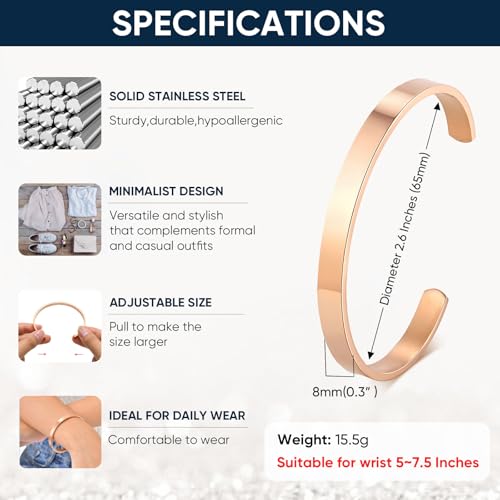 MEALGUET Stainless Steel Mens Cuff Bracelet : Minimal Cool Silver/Black/Gold Plated Open Metal Cuff Bangle Bracelets for Men,Mens Bracelet Jewelry Gift - color: Rose Gold Plated-Single, size: Medium( fit 5.5"-7.2" wrist)