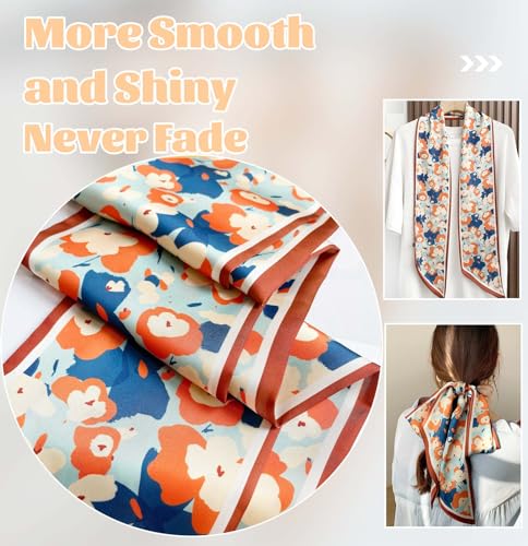 kcctoo 59” Long Silk Like Head Scarf Women's Fashion Square Neck Satin Scarfs for Bag Hair Scarves Gift 59 * 5.9” - color: A1 Bright Flowers 59" X 5.9"