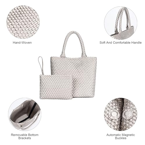 BAGOK Woven Tote Bag for Women, Handwoven Vegan Leather Shoulder Bag with Clutch, Large Tote for Work, Travel & Beach - color: Silver