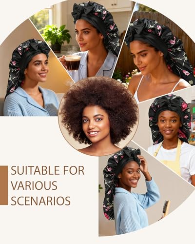 AWAYTR Long Satin Bonnet for Braids - Elastic Silk Hair Bonnets for Sleeping Night Cap Stretchy Tie Band for Women（Flower C） - color: Flower C