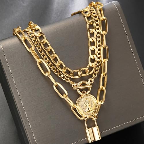 Gold Stack Necklace Chunky Necklaces for Women Trendy Coin Pendant Long Necklaces Western Jewelry for Women Cowgirl Cowboy Chic Country Outfit Boho Accessories Birthday Jewelry Gifts - color: B1: Gold Lock Necklace Stack