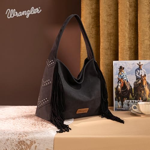 Wrangler Fringe Suede Hobo Bag for Women Leather Western Fringe Purse Tassel Hippie Shoulder Bag - color: Black
