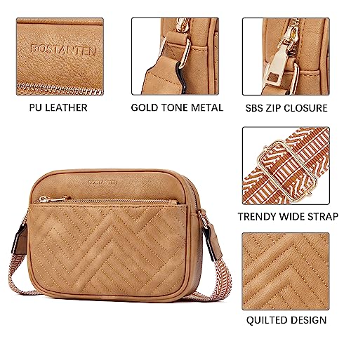 BOSTANTEN Quilted Crossbody Bags for Women Vegan Leather Purses Shoulder Handbags with Wide Strap - color: Camel Brown