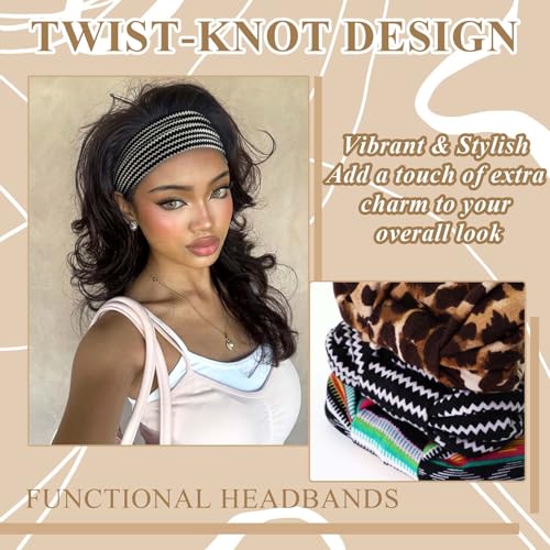 Boho Headbands For Women Wide Head Bands Knotted Turban Head Wraps Stripe Hair Scarf Leopard Printed Womens Headband Stylish Sweatband Cute Hair Accessories For Teen Girls 3 Pcs - color: Style 145