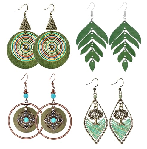 4 Pairs Vintage Boho Earrings for Women Green Bohemian Geometric Tassel Leaf Dangle Earrings Jewelry Accessories Gifts for Beach Festival & Everyday Wear - color: Green A
