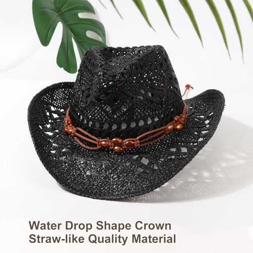 AQOKKA Straw Cowboy Hats for Women Men Western Cowgirl Hats with Shapeable Brim Woven Hollow Out Unisex Beach Roll Up Caps - color: Brown Beads Cowboy Hat : Black