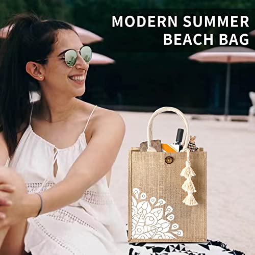 itgowisa Jute Beach Bag for Women, Burlap Beach Tote Bag with Tassel Pocket, Summer Gift for Vacation, Pool, Cruise & Grocery | Jute material - color: White Tassel B