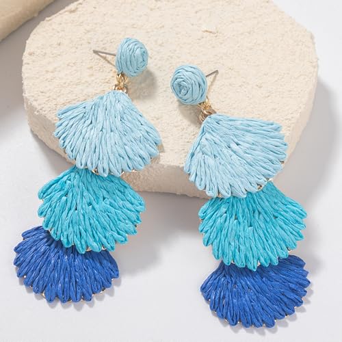 Boho Raffia Earrings Starfish Shell Seashell Dangle Drop Earrings Cute Statemnet Trendy Jewelry Summer Beach Outfits for Women - color: Blue, size: Shell
