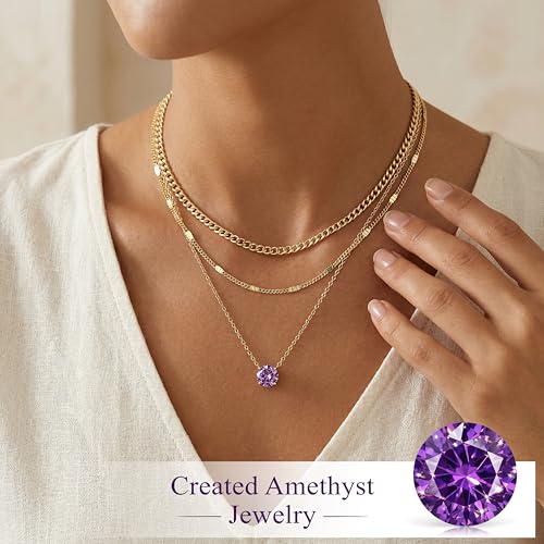 WomenGifts Layered Gold Necklaces for Women, 14K Gold Sterling Silver Plated Dainty Pendant Necklace Set Non Tarnish, Chunky Stackable Cuban Chain Choker, Trendy Birthstone Vacation Jewelry Gift - color: Gold, style: Cubic Zirconia-Created Amethyst-Feb