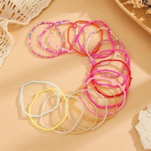 Fuqimanman2020 18Pcs Boho Stackable Beaded Bracelets for Women Colorful Handmade Multilayered Rice Beads Anklets Set Summer Beach Bohemian Jewelry Gift - color: Style 1 Pink B