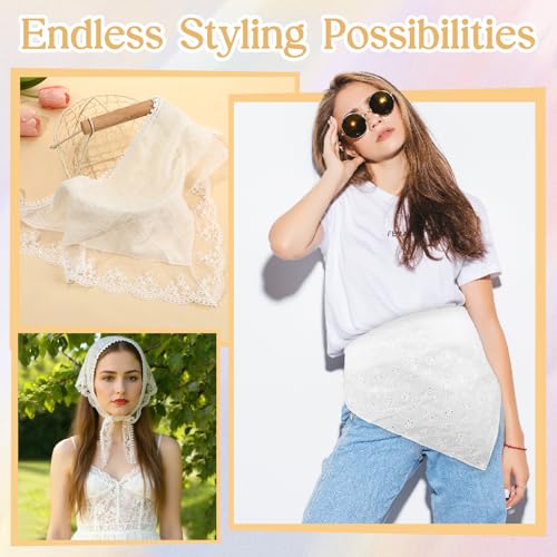 JATEBI 4PCS Women's Floral Lace Mesh Triangle Head Scarves Adjustable Boho Bandanas - color: White